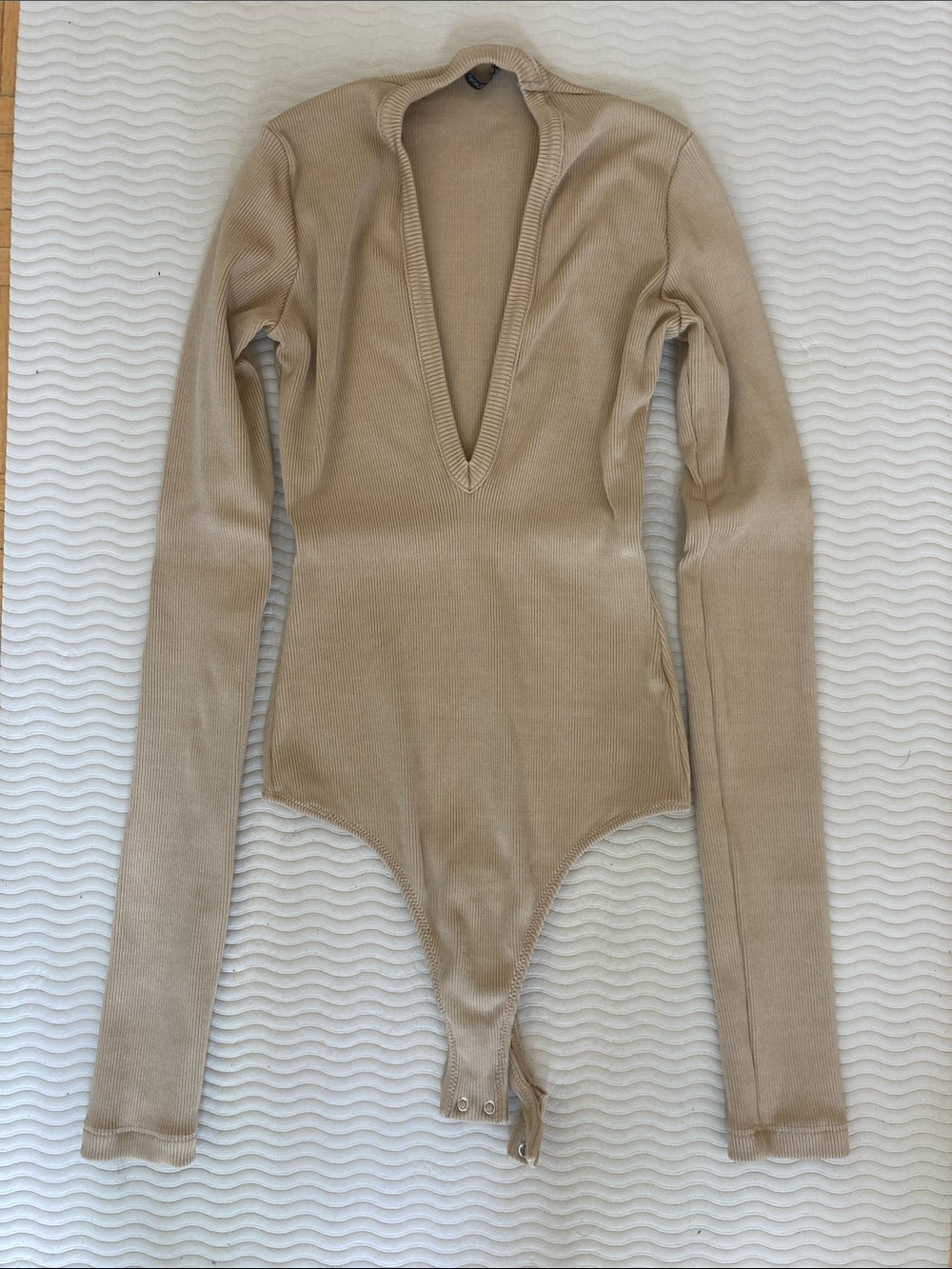 Goldsign Beige Long Sleeve Ribbed One-Piece Bodysuit